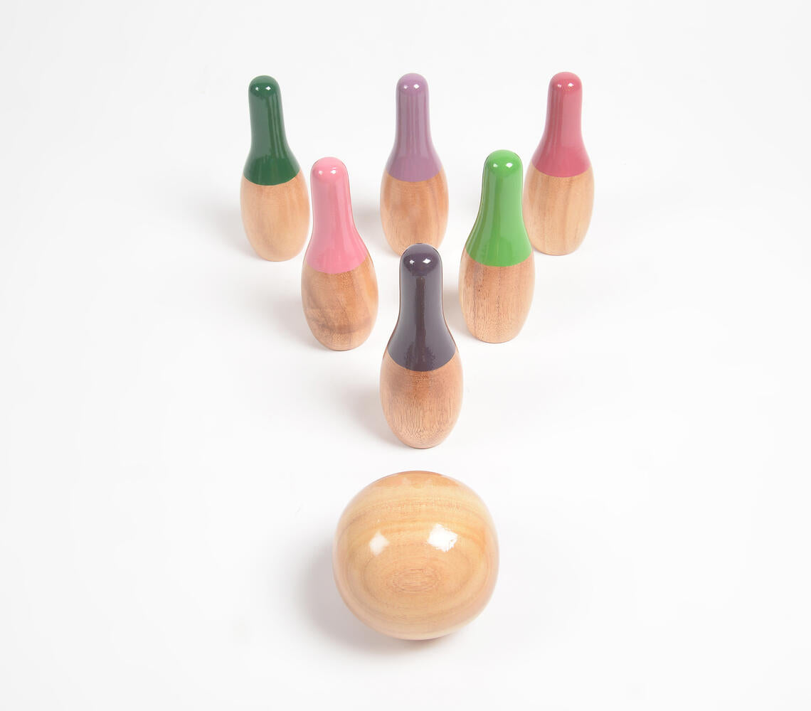 Turned mango wood mini bowling pins set for kids | Jeu de quilles en bois de manguier tourné pour enfants