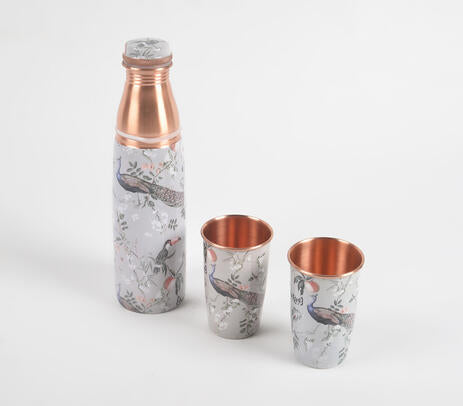 Enamelled Peacock & Hornbill Copper Bottle & 2 Glasses Set | Set de bouteilles et de 2 verres en cuivre émaillé en forme de paon et de calao