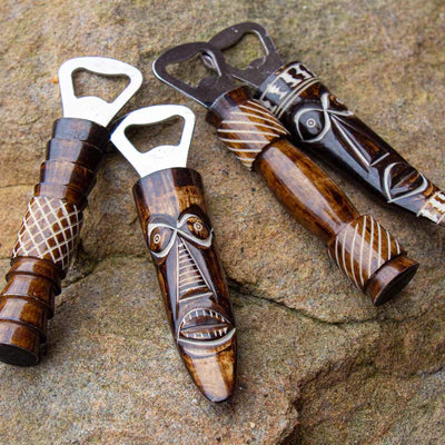 African Bone Bottle Opener, Tiki Mixed Design | Décapsuleur en os africain, design Tiki mixte