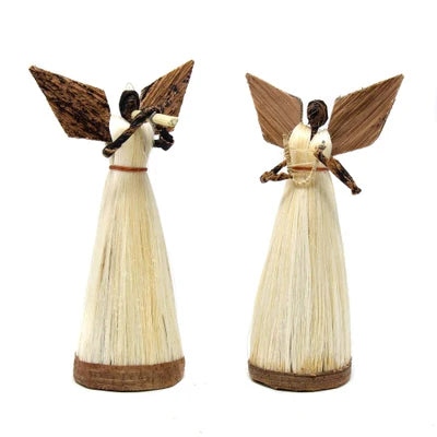 Standing Sisal Angel Ornaments, Set of 2 - Music Instruments (5-inch) | Ornements d'ange en sisal, lot de 2 - Instruments de musique (5 pouces)