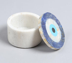 Semi-Precious Stones Evil-Eye Inlay Round Marble Box | Boîte ronde en marbre incrustée de pierres semi-précieuses oeil du mal