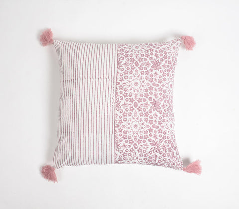 Floral & striped block tasseled cotton cushion | Coussin en coton à motifs floraux et rayés