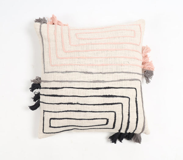 Embroidered cotton geometric tasseled cushion | Coussin géométrique brodé en coton