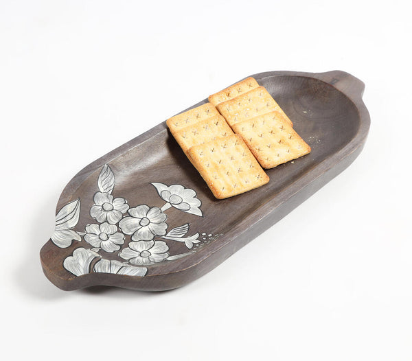 Hand painted mango wood floral-sketch elongated platter | Plat allongé en bois de manguier peint à la main et orné d'une esquisse florale