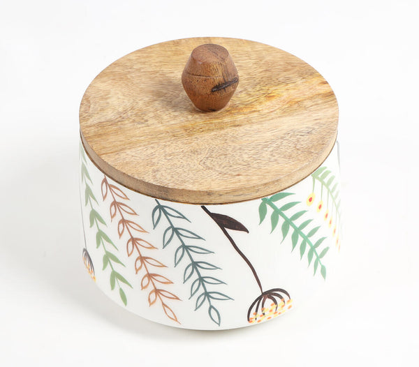 Enamelled wood botanical canister with classic lid | Boîte botanique en bois émaillé avec couvercle classique