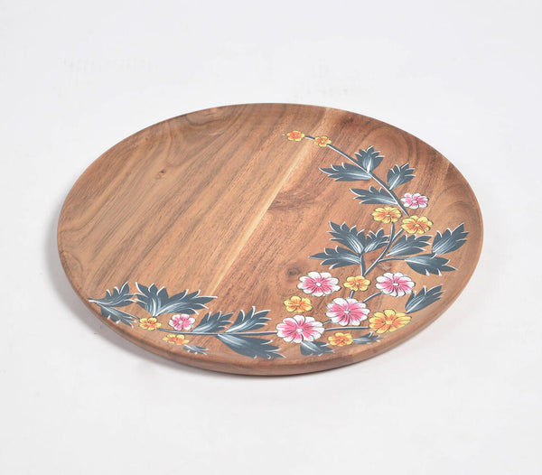Floral hand printed acacia wood plate | Assiette en bois d'acacia imprimé à la main