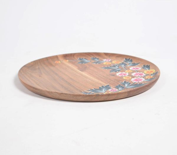 Floral hand printed acacia wood plate | Assiette en bois d'acacia imprimé à la main