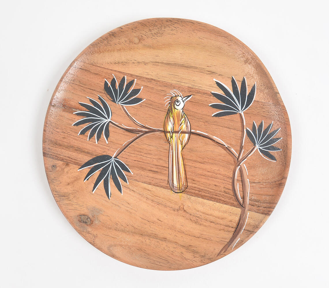 Enamelled acacia wood 'bird on a branch' plate (large) | Assiette "oiseau sur une branche" en bois d'acacia émaillé (grande)