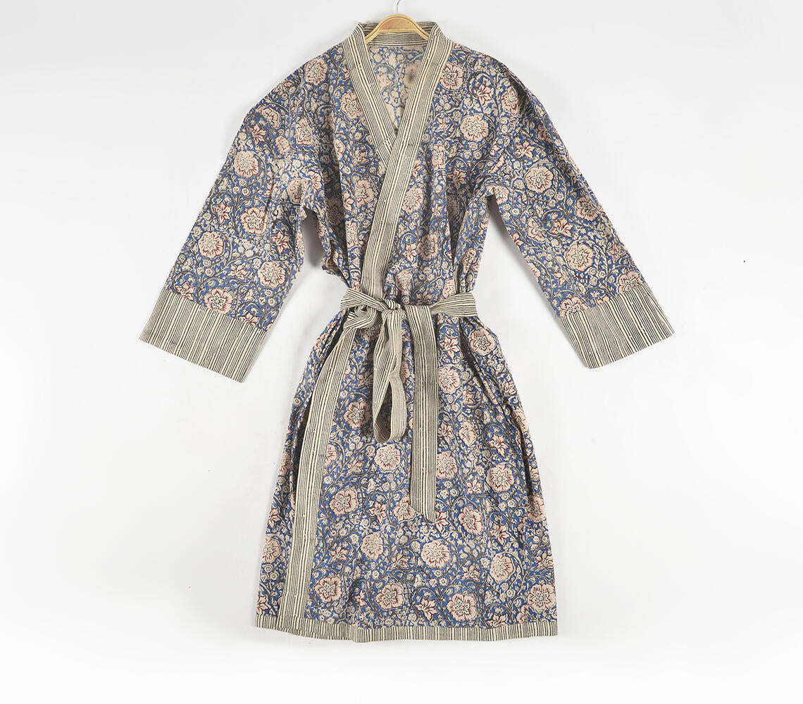 Block Printed Floral Kimono with Belt | Kimono imprimé floral avec ceinture