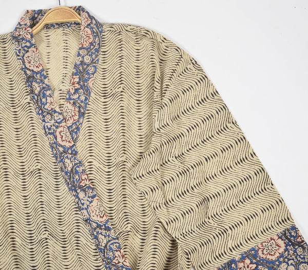 Colt striped block printed kimono with floral tie up belt | Kimono Colt à rayures et imprimé en bloc avec ceinture à nouer fleurie