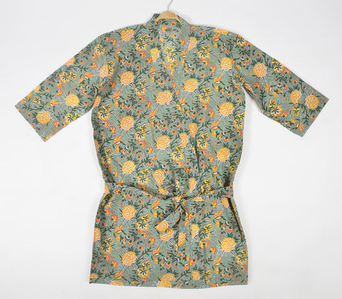 Tropical floral block printed kimono with tie up belt | Kimono à imprimé floral tropical avec ceinture à nouer