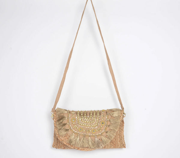 Embellished & braided jute tasseled sling bag | Sac bandoulière en toile de jute tressée et embellie