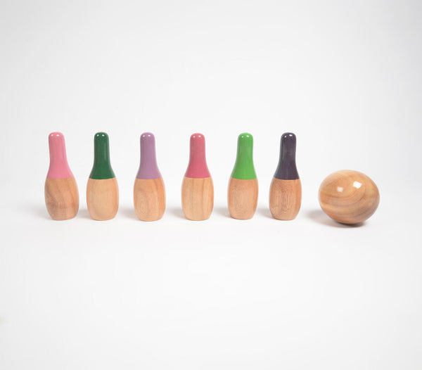 Turned mango wood mini bowling pins set for kids | Jeu de quilles en bois de manguier tourné pour enfants