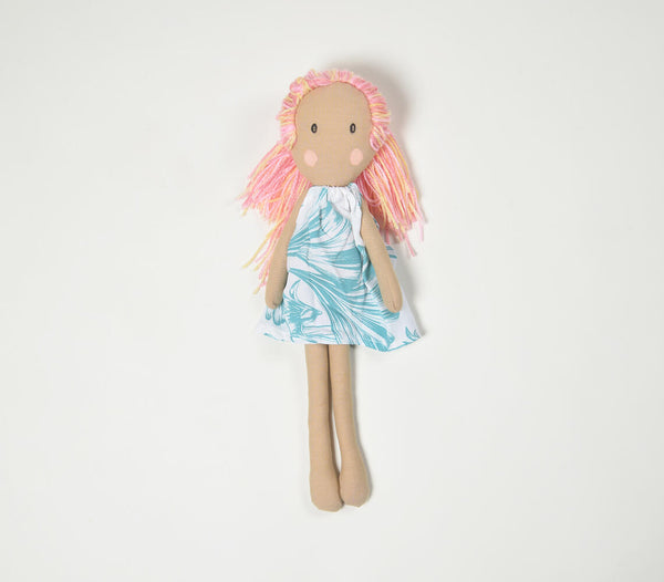 Handmade pink ponytail plush rag doll | Poupée de chiffon en peluche à queue de cheval rose, faite à la main