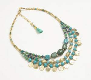 Gold-toned & teal glass beaded layered necklace with extension chain | Collier en perles de verre dorées et sarcelles avec chaîne d'extension