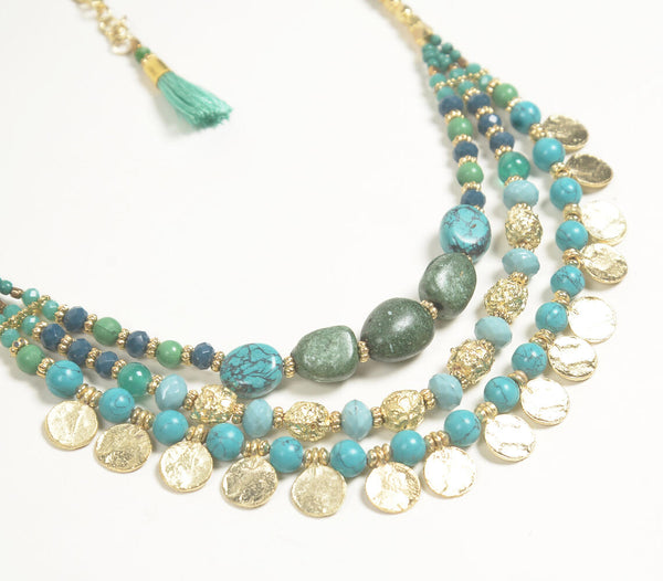 Gold-toned & teal glass beaded layered necklace with extension chain | Collier en perles de verre dorées et sarcelles avec chaîne d'extension